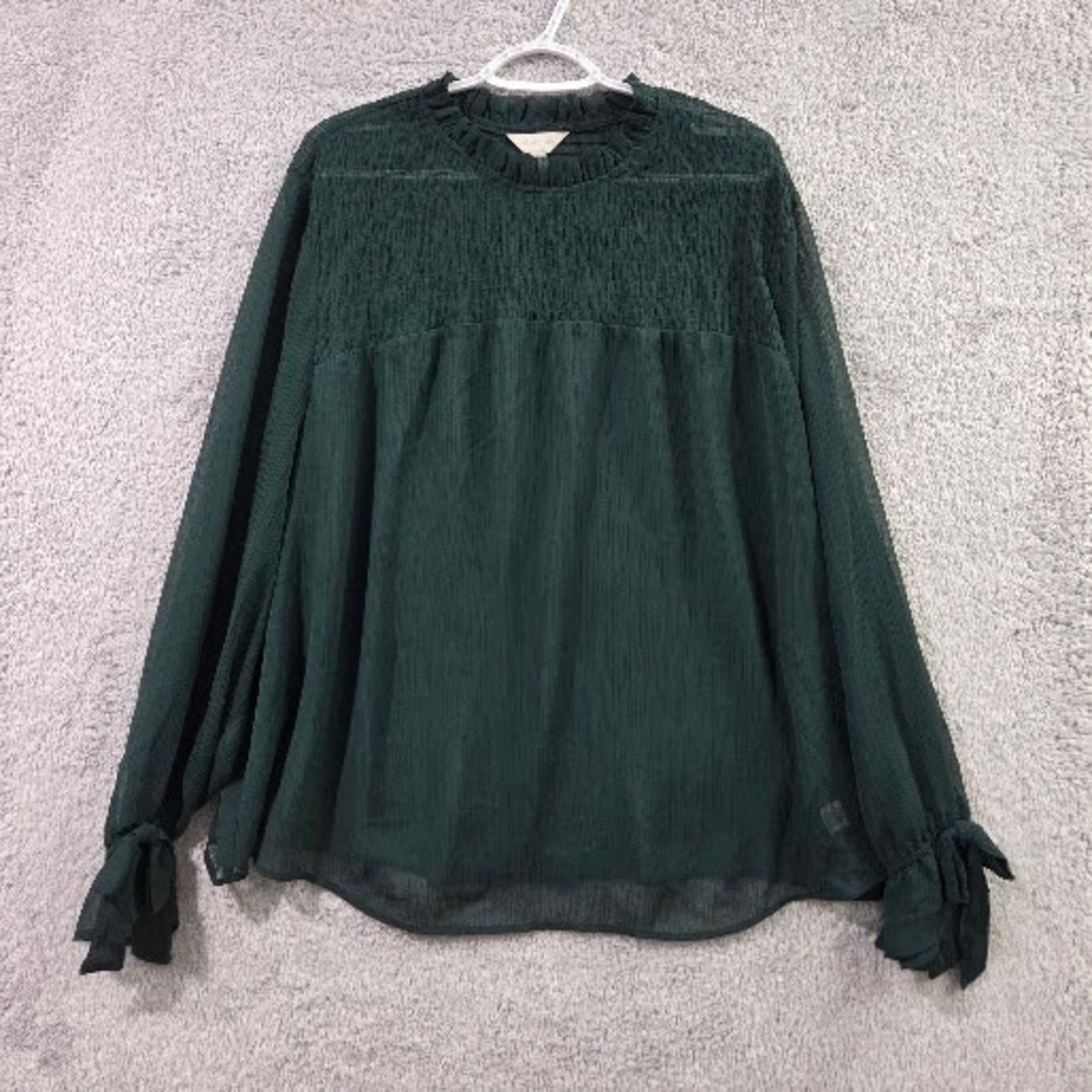 Belle Sky Blouse Womens 3X Dark Green Sheer Victorian Gothic Smocked Ruffle Neck